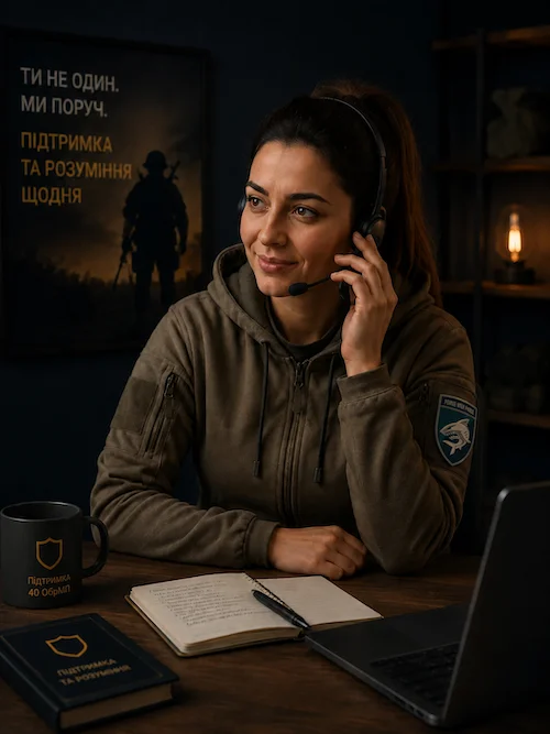 Консультантка підтримки 40 ОБрМП спілкується телефоном