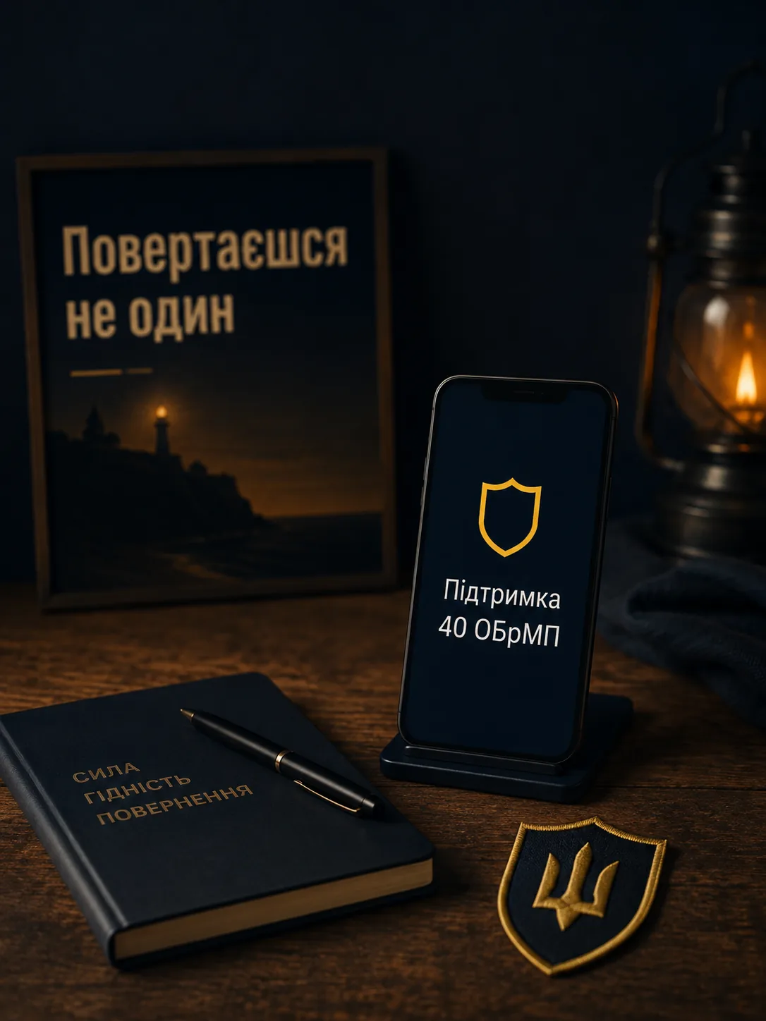 Стіл підтримки 40 ОБрМП: телефон, блокнот і символіка допомоги